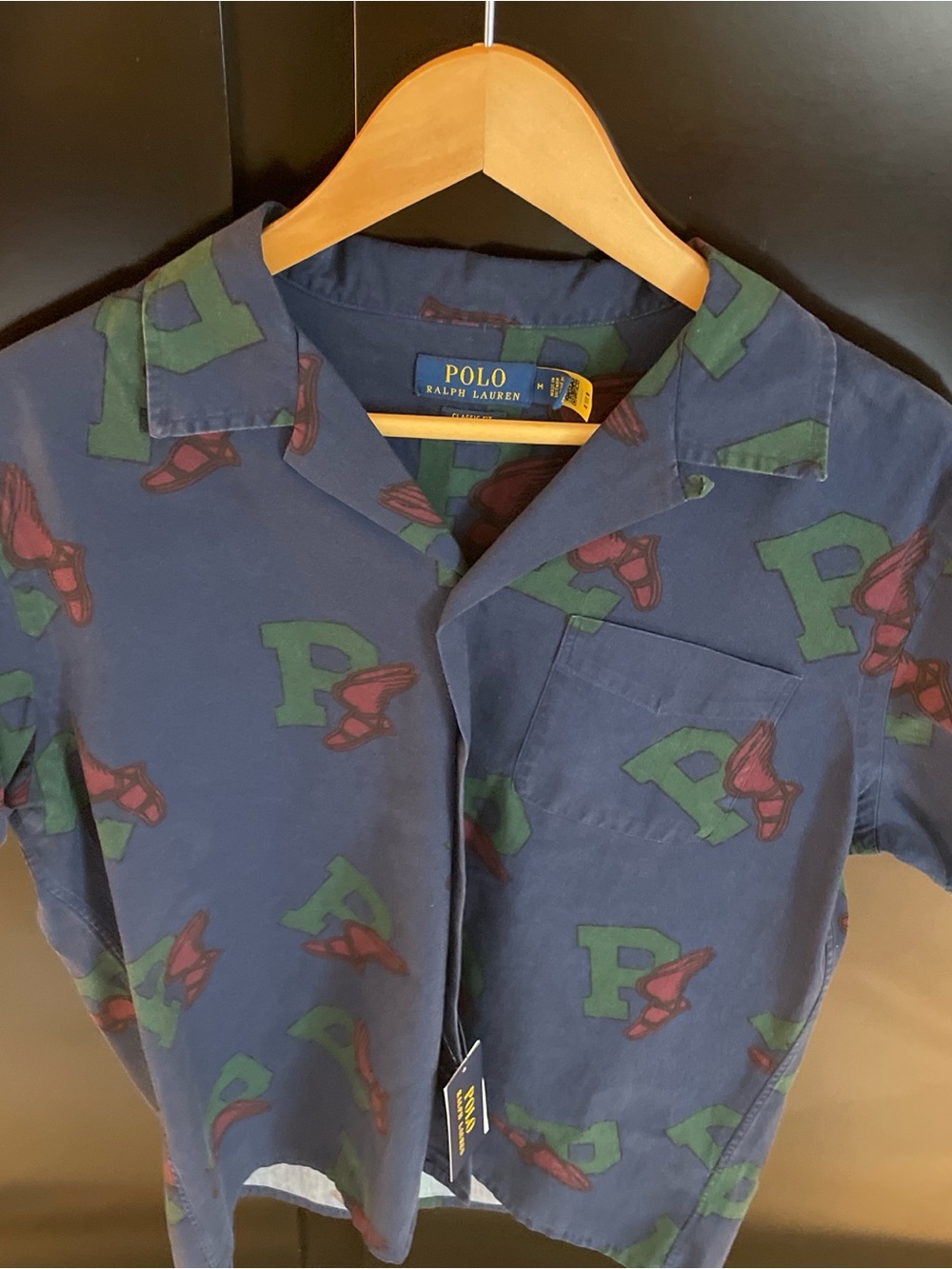 Polo by Ralph Lauren Navy Short-Sleeve Camp Shirt with Green 'P' Print